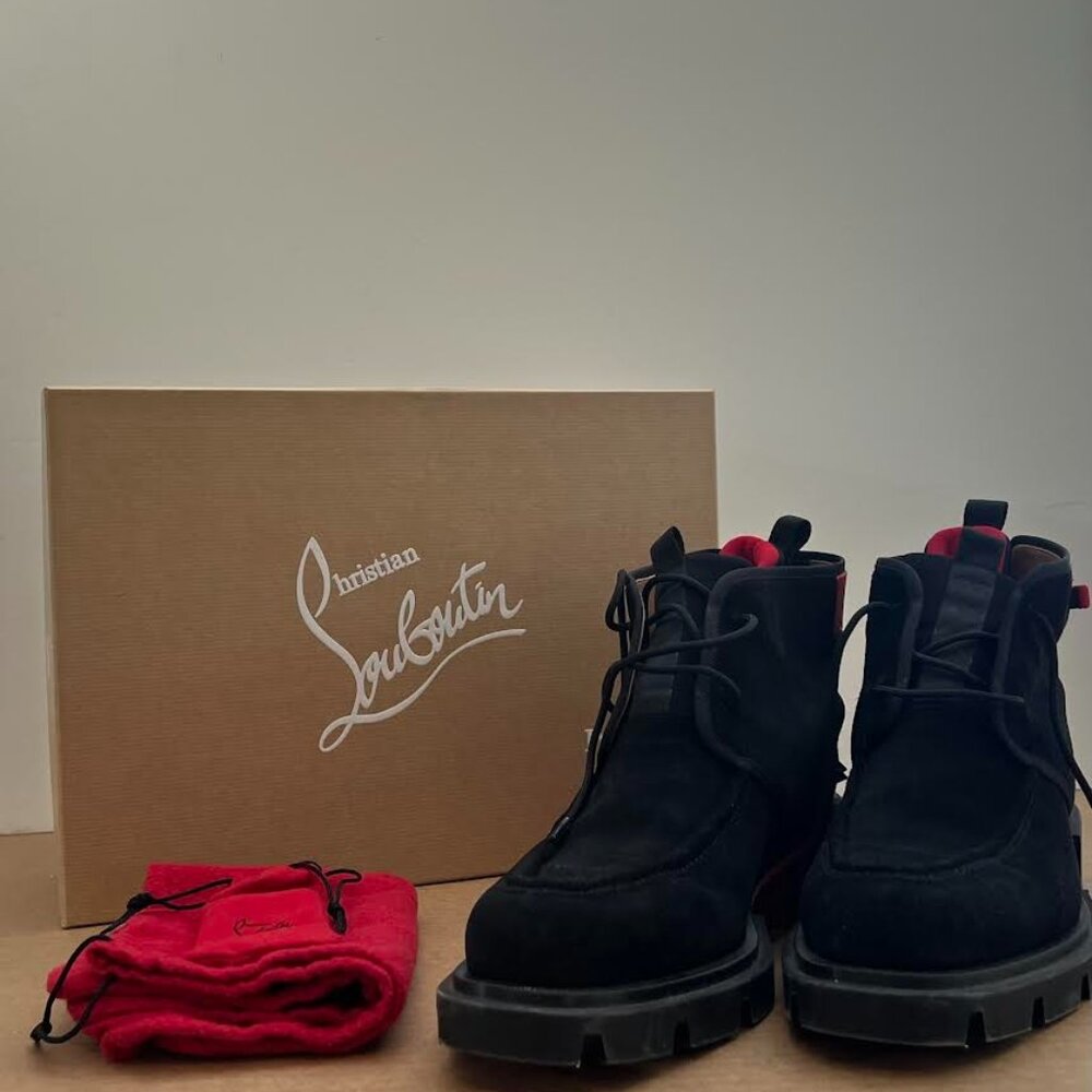 Christian Louboutin Mens Our Georges 2 Flat Black Suede Combat Lace Up Boot 44.5
